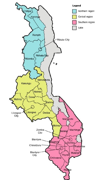 Map of Malawi showing regions and towns